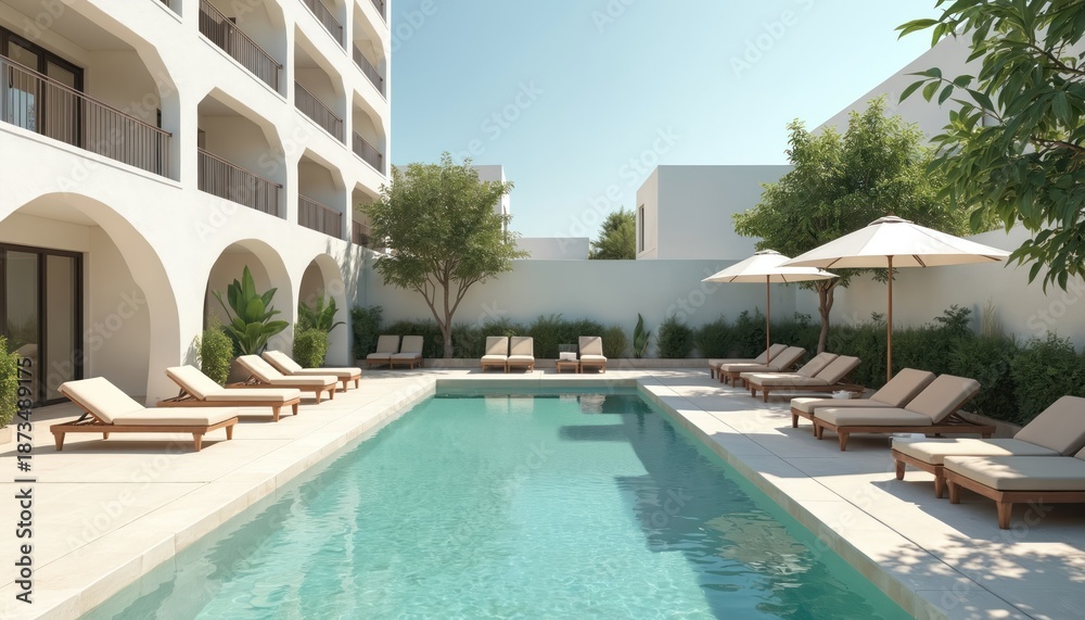 Fototapeta premium Modern white hotel building with clean lines and arches overlooks empty turquoise swimming pool. Lounge chairs and umbrellas offer relaxation by water. Green trees provide shade.