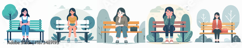 Flat Illustration Diverse Woman Sitting Alone on Bench in Park