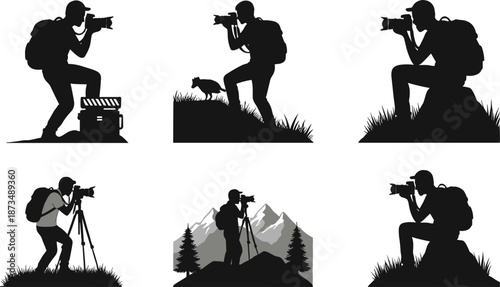Silhouette outdoor photographer taking pictures in nature, hiking with backpack, wildlife shooting, landscape photography, adventure exploration, travel photography artwork, vector illustration