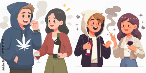 Cartoon Cheerful Young Adult Friends Smoking and Drinking Alcohol Illustration