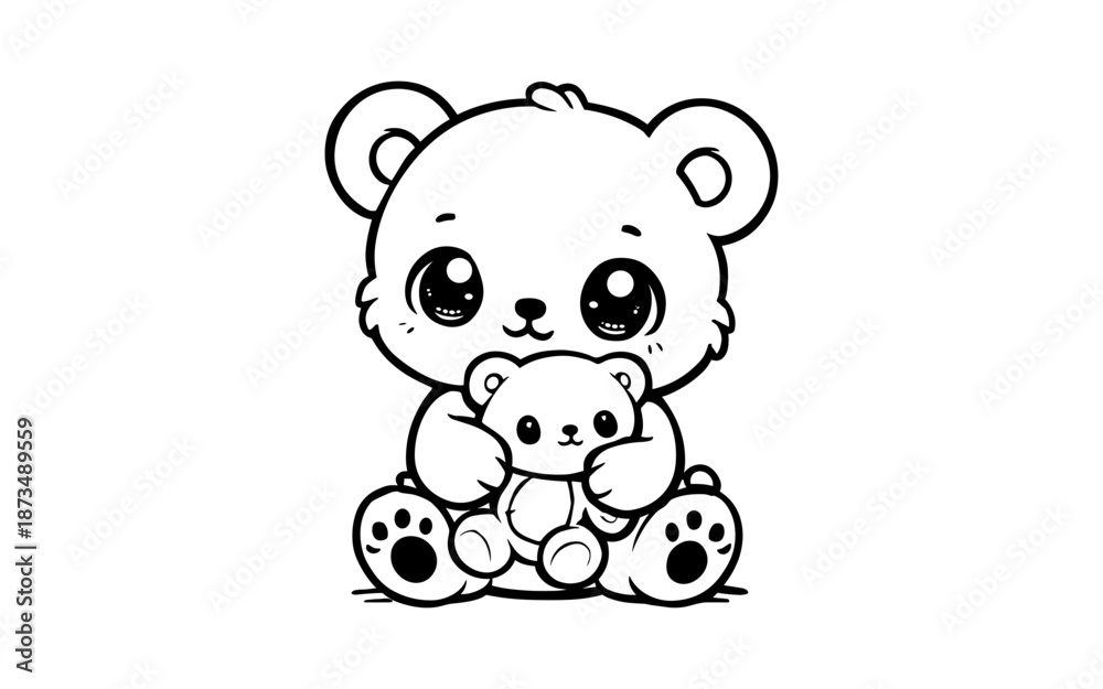 Obraz premium Cute kawaii bear with teddy bear in hand drawn black and white style
