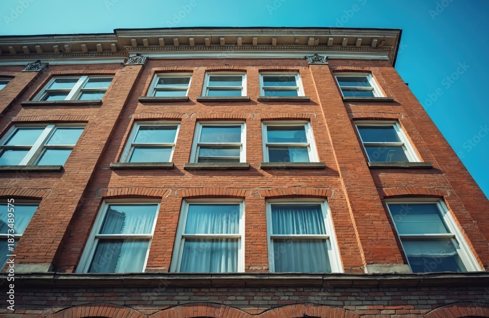 Fototapeta premium The photo presents a brick building facade with rows of windows against a clear blue sky. The architecture reflects traditional design. It is a visual representation of the cityscape.