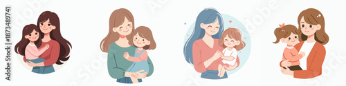 Cute Cartoon Illustration of Mother with Daughter Love and Affection Clipart