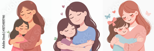 Cute Cartoon Mother and Daughter Hugging Love Illustration Graphic Element