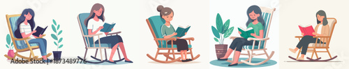 Cute Style People Reading a Book in Rocking Chair Illustration Set