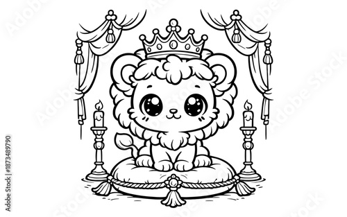 Cute lion king cartoon with crown in royal setting for kids coloring book