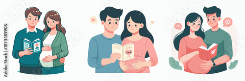 Cartoon Flat Illustration Expecting Couple Reading Guide for Pregnancy Preparation