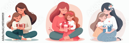 Tender Illustration of Mother and Child Giving a Gift Box