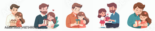 Cartoon Flat Style Father And Daughter Embrace Giving Gift Illustration