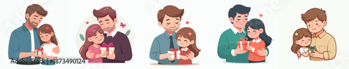 Cute Cartoon Style Father and Daughter Sharing a Gift Illustration Icon