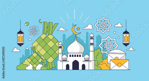 Mosque Illustration with Islamic Symbols and Decorations.