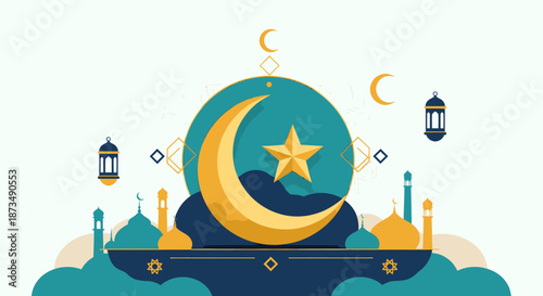 Crescent Moon and Star Islamic Symbol.