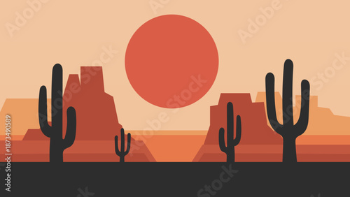 Desert Landscape Illustration with Cacti and Sunset