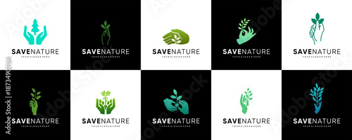 collection of environmental protection logos, nature conservation, with the concept of human hands and plants, vector design template.