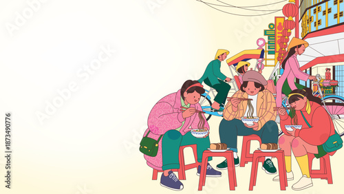 oung people eating traditional noodles on plastic stools at a vibrant Vietnam street food market, asian travel and culinary culture flat vector illustration with copy space