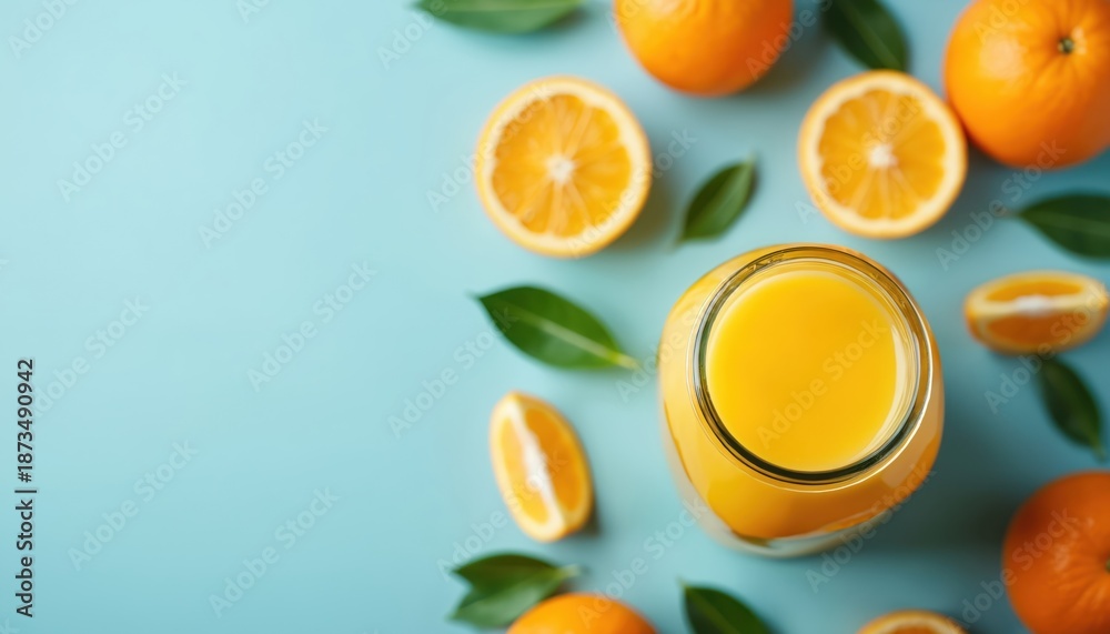 Fototapeta premium Top view fresh orange juice in glass with fruits. Fresh oranges slices and leaves on a pastel blue background. Healthy food concept. Refreshing drink.