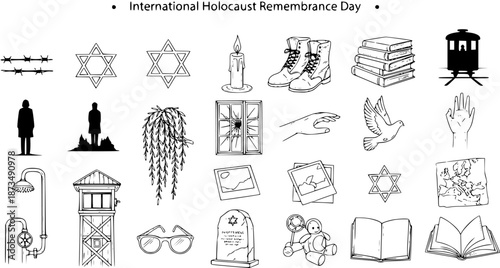 International Holocaust Remembrance Day Outline Icons Set. Vector Line Art Collection of Historical Symbols for Education, Memorial, and Human Rights Topics. Black and White Doodle Art.