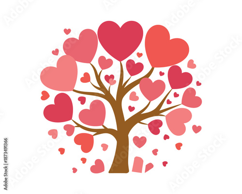 A colorful tree with many pink and red hearts on its branches, symbolizing love and affection.