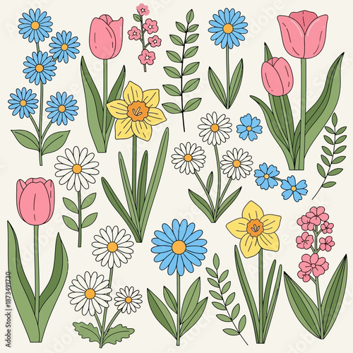 Spring floral illustration with tulips, daffodils, daisies, and forget-me-nots