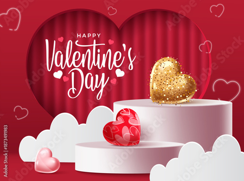 Elegant Valentine’s Day design featuring gold and red heart elements on round podiums, set against a warm red background with clouds and decorative heart accents.

