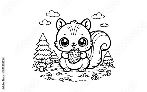 Cute kawaii squirrel with nut in forest setting for coloring pages