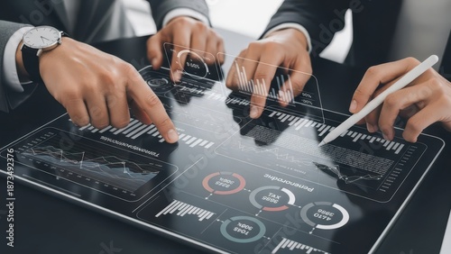 Close-up corporate hands analyzing financial data representing financial compliance tax reporting digital currency and legal governance