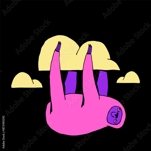 Cute cartoon sloth sleeping upside down on clouds. Colorful flat vector illustration with playful whimsical character and night sky mood.
