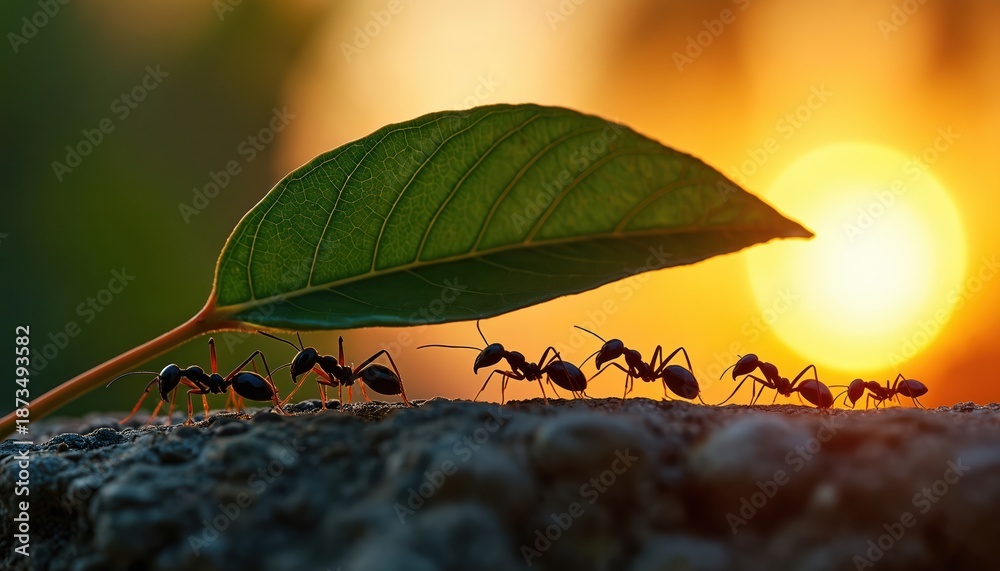 Fototapeta premium Ants collaborate. Many insects carry large green leaf on rock. Teamwork demonstrated at sunset. Animals work together. Cooperation, strength concept displayed in nature. Insects carry food. Wildlife