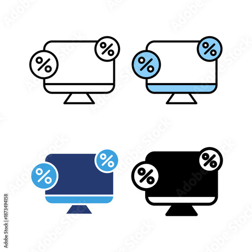 Icon set ecommerce web discount, shopping promo sale. Icon line, glyph and flat with blue colour isolated white background.