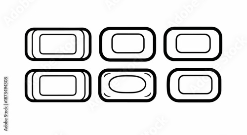 Minimalist Black and White Bar Soap Icon Set. Vector illustration of six different hygienic cleansing soap bars for bathroom and skincare design.