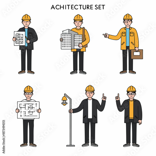Cartoon Architecture and Engineering Set: Male Professionals in Hard Hats Holding Blueprints, Building Models, and Pointing Gestures.