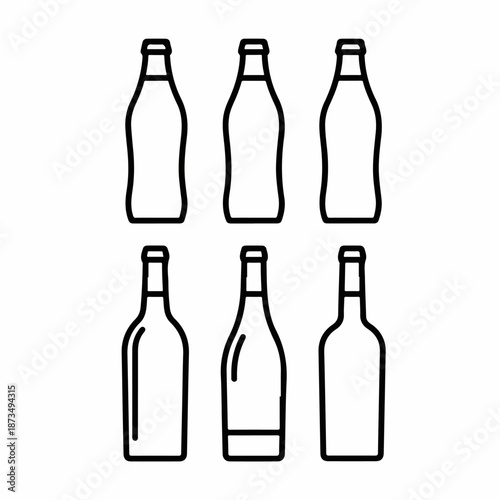 Outline vector icons of various beverage and wine bottle shapes, isolated on a white background, representing packaging and container design templates.