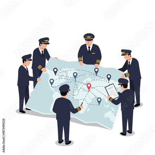 Aviation team planning global flight routes and logistics, studying the worldwide map with navigation pins and connecting lines, isolated vector illustration.