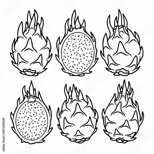 Black and White Outline Set of Six Dragon Fruits (Pitaya), Featuring Whole and Sliced Cross-Sections with Seeds, Isolated on White.