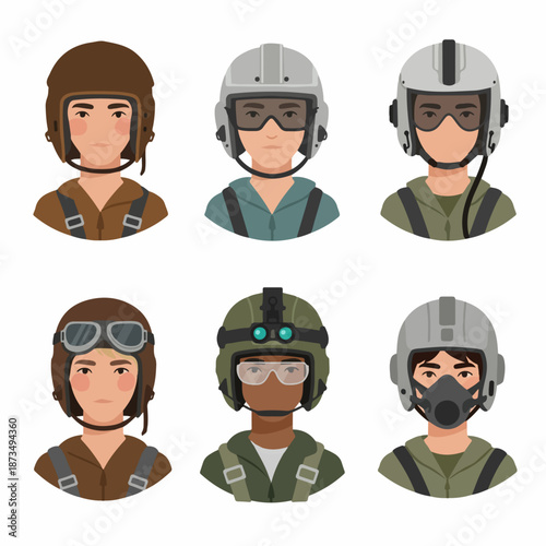 Diverse Aviator Portraits Set: Flat Vector Avatars of Pilots and Aircrew Wearing Historical and Modern Flight Helmets and Protective Gear.