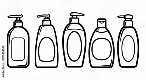Black and white outline set of cosmetic and hygiene product pump dispenser and shampoo bottles. Vector icon illustration for beauty and cleaning packaging design.