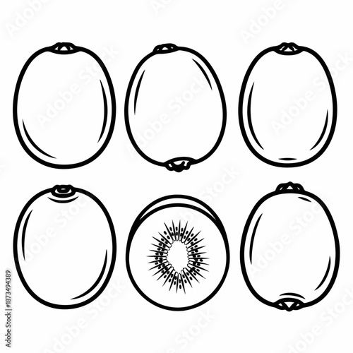Black and white line art vector illustration set of kiwi fruit, including whole fruits and a cross-section, isolated on white background.