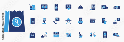 Icon glyph set fast food, takeaway service, food service, restaurant, delivery. Icon solid with blue colour isolated white background.