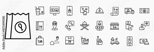 Icon line set fast food, takeaway service, food service, restaurant, delivery. Icon outline with isolated white background.