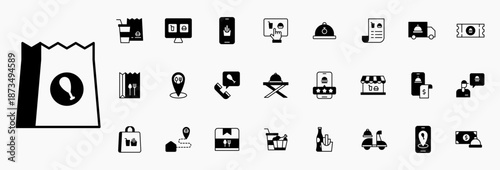 Icon set fast food, takeaway service, food service, restaurant, delivery. Black icon solid with isolated white background.