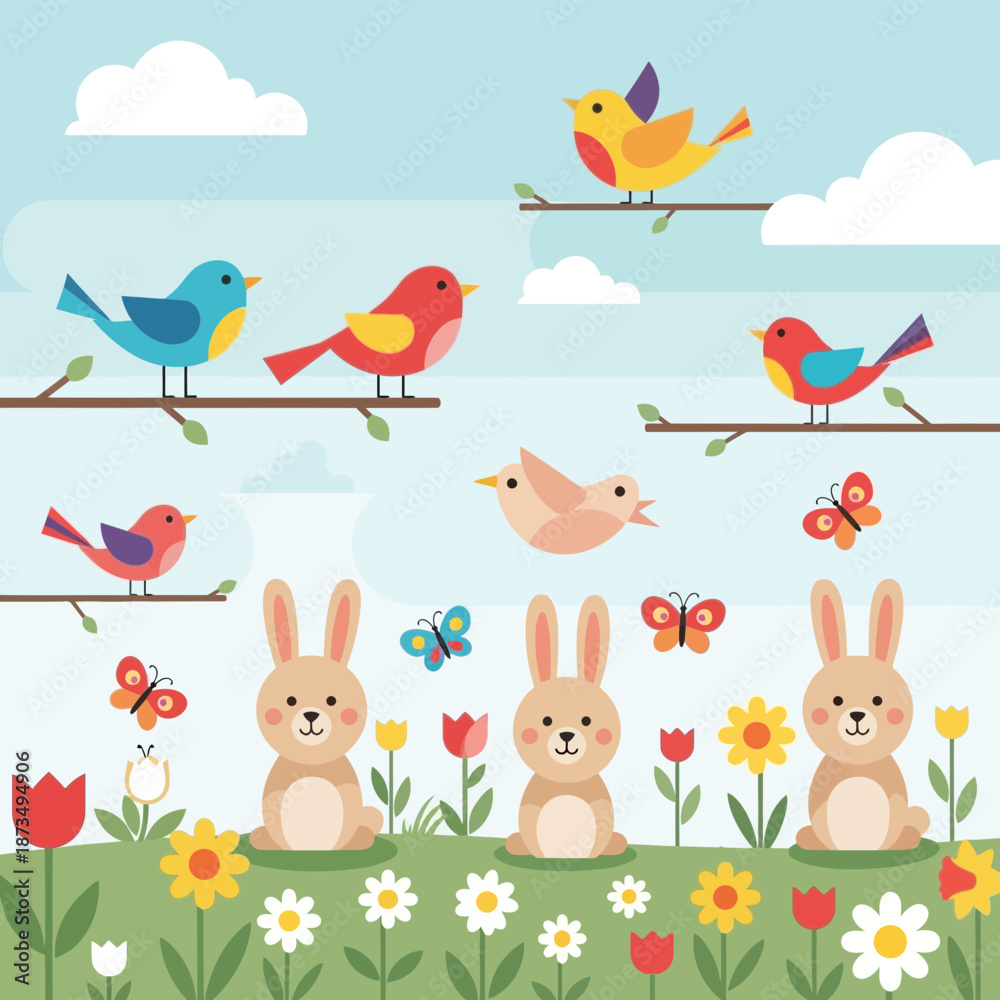 Naklejka premium Spring animals and birds illustration, cute bunnies and colorful birds on branches