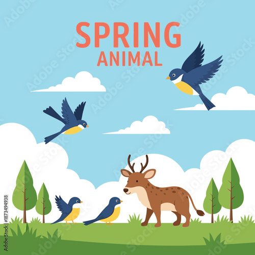 Spring animals: deer and birds in a meadow with trees and clouds