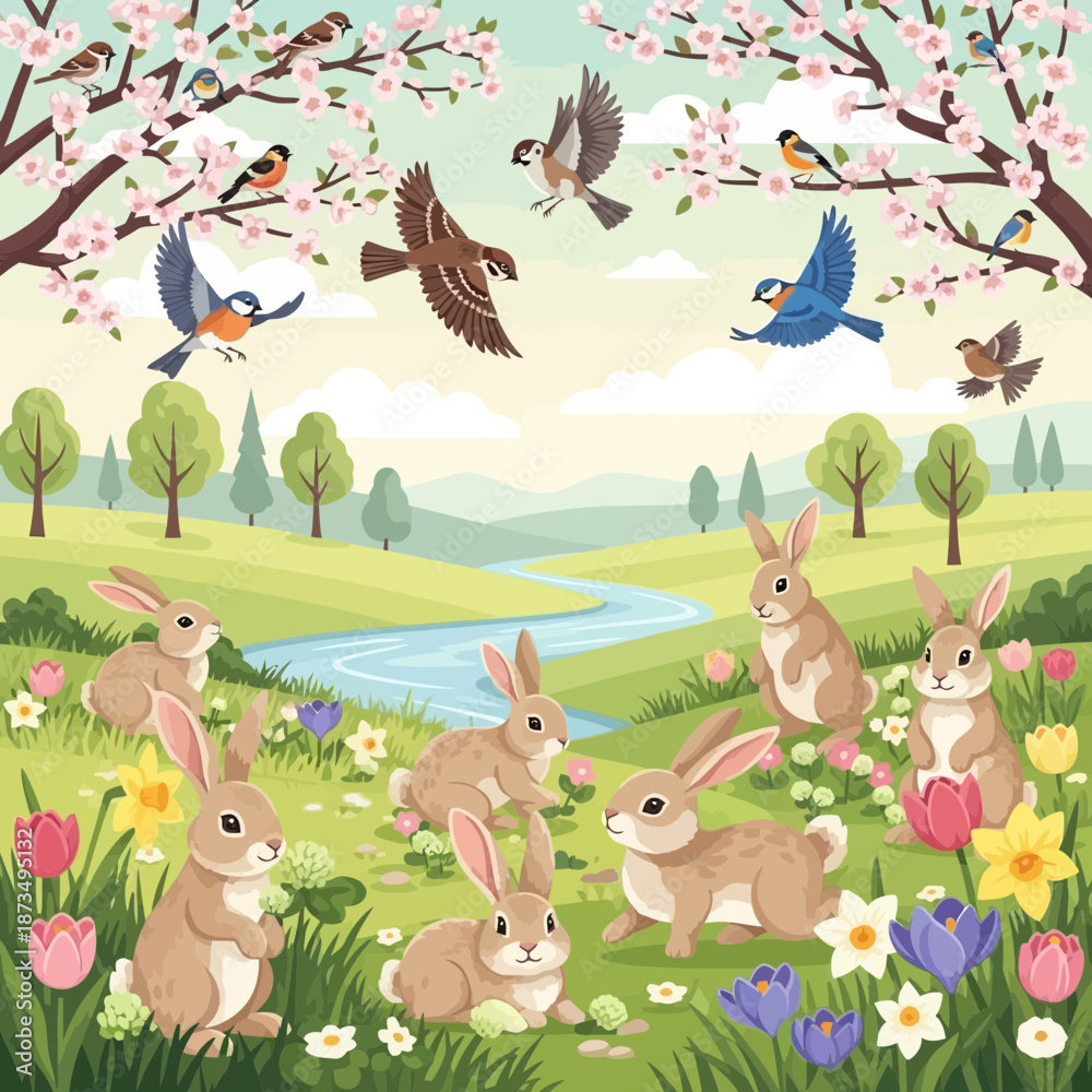 Naklejka premium Spring landscape with rabbits and birds in blooming cherry trees and flowers