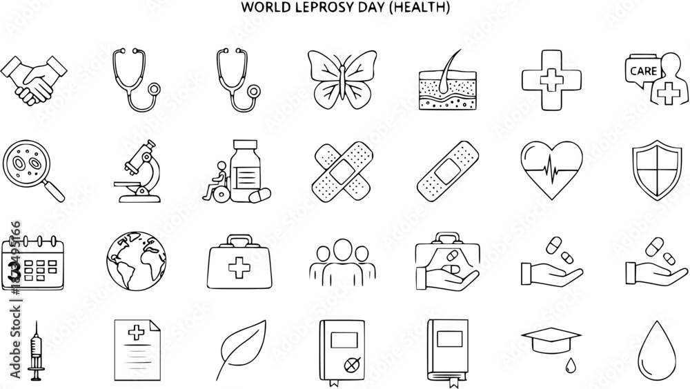 Fototapeta premium World Leprosy Day Health Icons: Line Art Collection for Medical Awareness