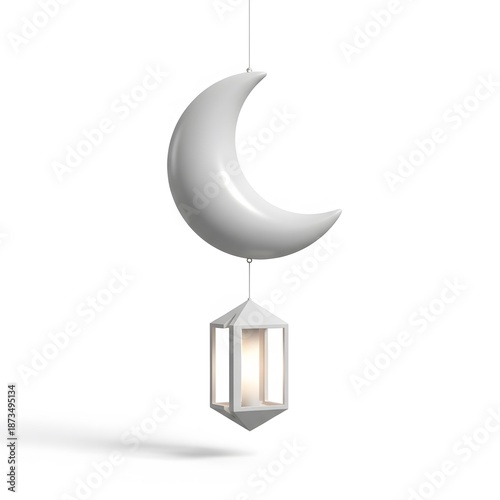 A luminous crescent moon and lantern, perfect for festive celebrations. The white moon and lantern hanging, a symbol of serenity and celebration. Isolated on White background