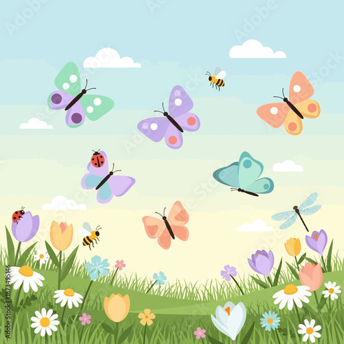 Spring Meadow with Butterflies, Bees, and Flowers