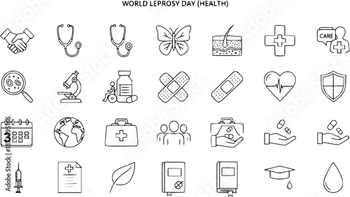 World Leprosy Day Health Icons: Line Art Collection for Medical Awareness