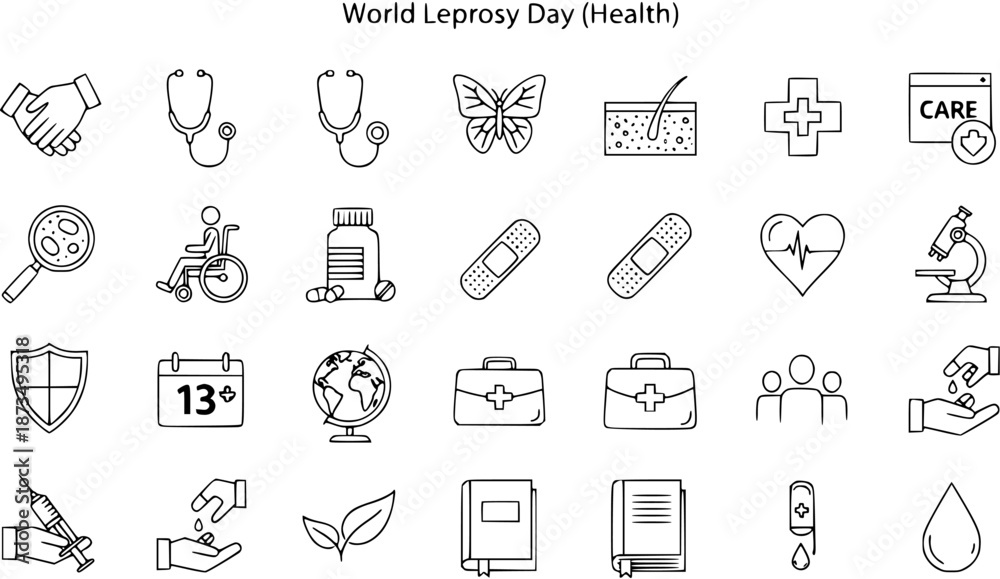 Naklejka premium World Leprosy Day Health Icons Set: Medical Symbols, Care, Diagnosis, Treatment, Stethoscope, Syringe, Butterfly Vector Line Art