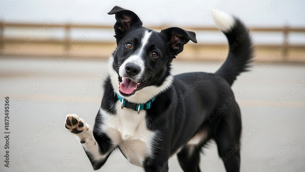 Obraz premium Black and white dog running freely.