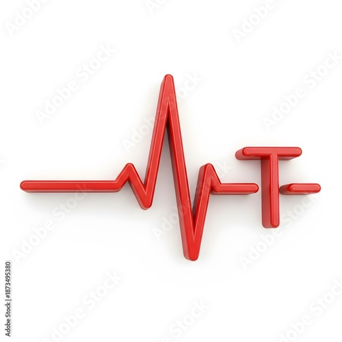 A striking red heartbeat line in the form of T letter, a symbol of health. The representation suggests life, rhythm, and vitality Isolated on White background